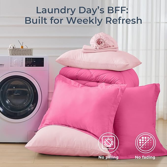 HEVUMYI Hot Pink & Baby Pink Cali-King Comforter Set - 7-Piece All Season Bed in a Bag Cali-King, Ultra Soft Bedding Set with Comforter, Flat Sheet, Fitted Sheet, Pillowcases, Pillow Shams