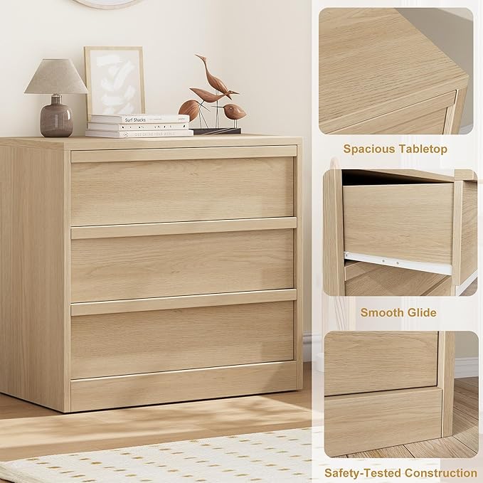 GarveeHome 3 Drawer Dresser for Bedroom, Natural Oak Nightstand 3 Chest of Drawers with Large Storage, Small Modern Bedside End Table for Living Room, Nursery, Entryway