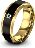 Mezuzah star Of David Ring - Gift for Jewish Family - Flat Dome Bevel - 8mm - Men Women - Yellow Gold Black Silver Blue - Anniversary Wedding - Personalized Custom Engraving - Band - Brushed Polished