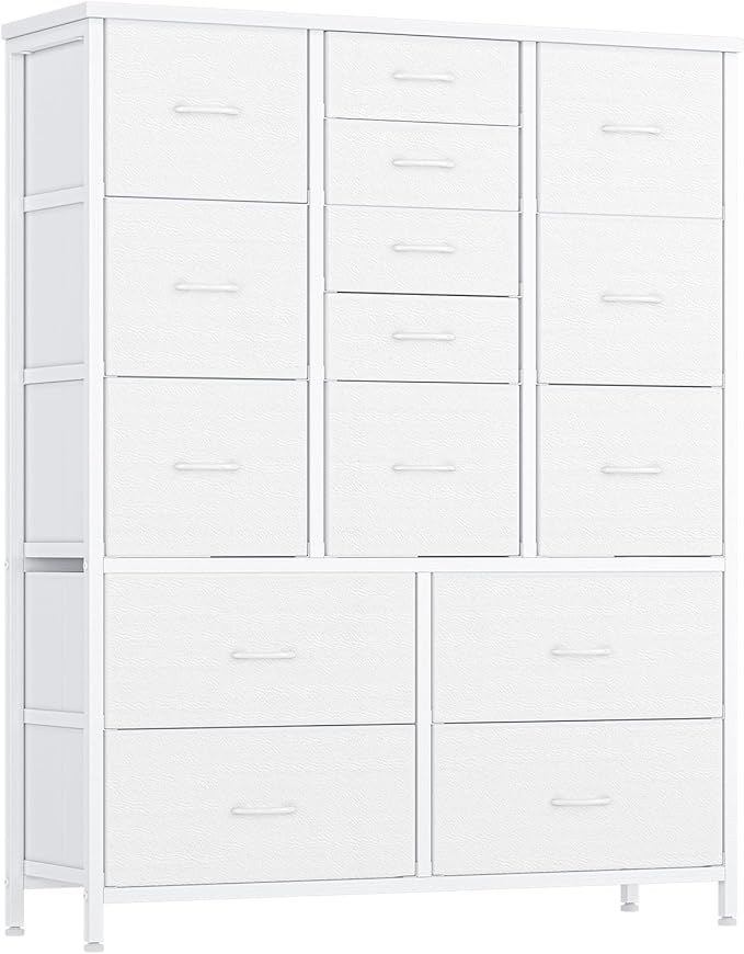 GarveeHome 15 Drawers Dressers, Chest of Drawers with Wood Tabletop, Metal Frame, Storage Organizer Unit with Fabric, Tall Dressers for Bedroom Living Room Hallway Entryway, White