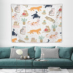 VUMIVI Cute Cat Tapestry Kids Hand-Painted Doodles Colorful Illustrations Potted Plants Paw Prints Tapestry Wall Hanging for Living Room Bedroom Dorm Classroom Aesthetic Decor W80xL60in