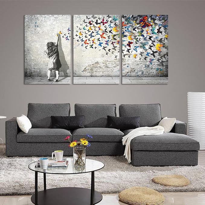 Novatique Banksy Canvas Wall Art Colorful Graffiti Wall Art Beautiful Butterfly Painting Print Abstract Graffiti Street Poster Artwork for Living Room Bedroom,24”x 36”x 3Pcs