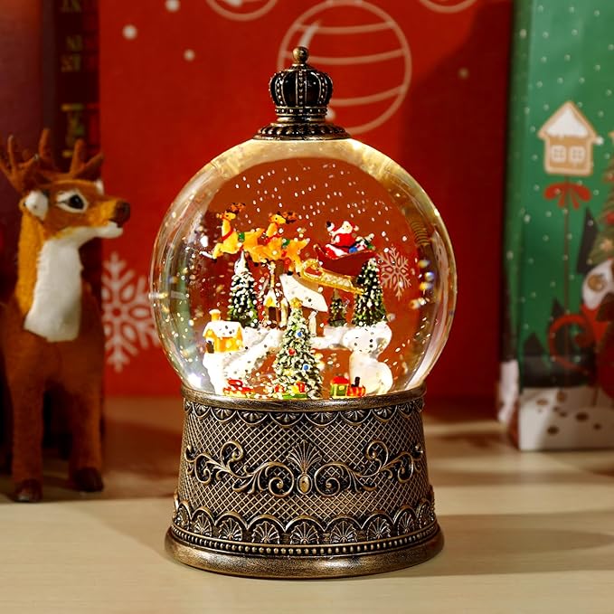 100mm Christmas Snow Globe with Music and Waterfall Effects Featuring Flying Reindeer and Santa Snow Scene Power Options: USB Charging and Battery-Powered(Snow Village)