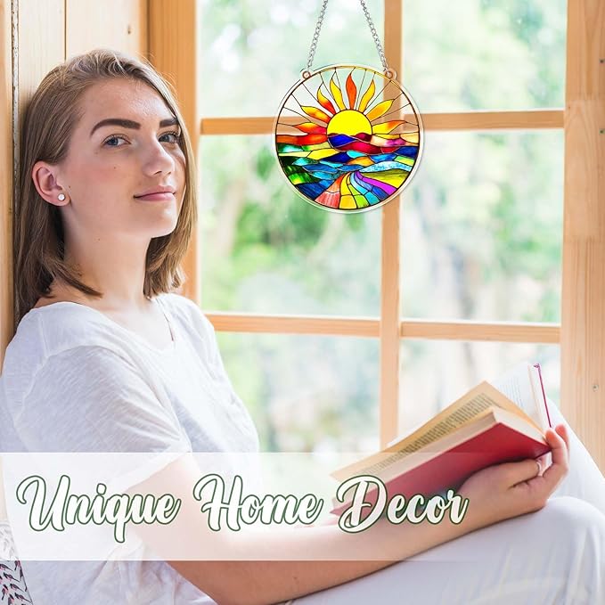 Acrylic Suncatcher for Windows, Colorful Acrylic Hanging Ornament for Indoor Home Decor, Sun Catcher with Sun Mountain Landscape, Ornament