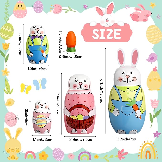 Gejoy Easter Nesting Dolls Russian Matryoshka Rabbit Wooden Handmade Nutcracker Nesting Dolls Collectible Gifts Set for Adults Home Decor