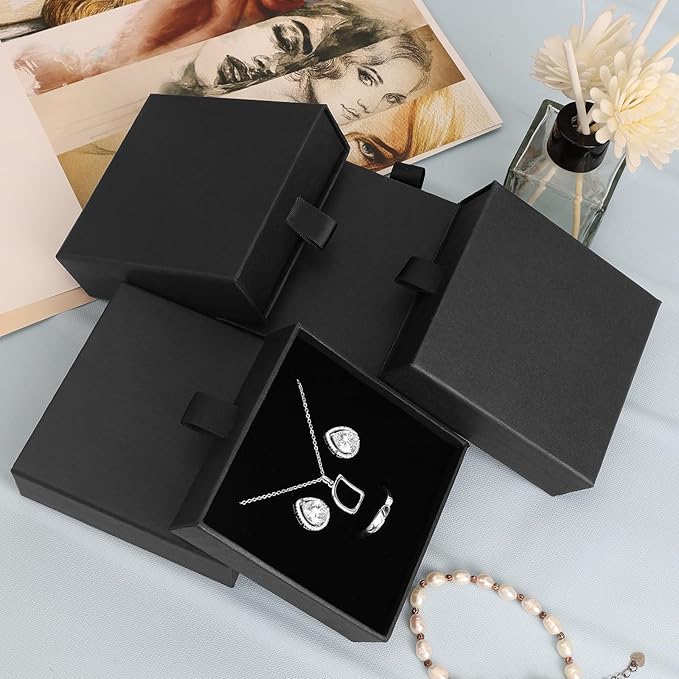 Jewelry Gift Boxes, 5 Pack 3.5×3.5x1Inch Cardboard Jewelry Boxes, Bulk Small Jewelry Boxes with Lids for Necklace Ring Earring Display Box (Black)