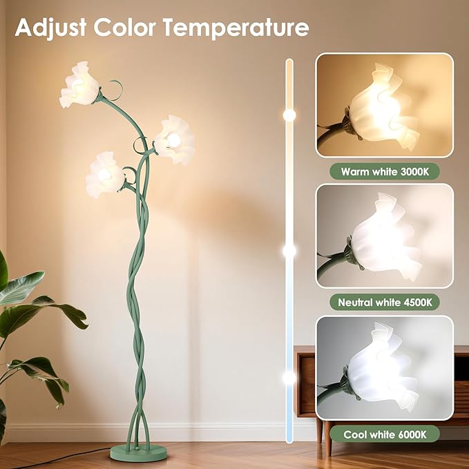 Floor Lamp for Living Room, 3 Lights Green Flower Lamp, Modern Tall Standing Lamp with 3 Color Temperatures Flexible Gooseneck, Mid Century Vintage Tree Floor Lamp for Bedroom Office