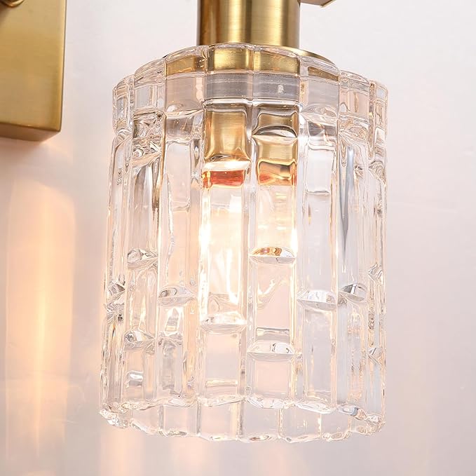 3 Light Brushed Gold Bathroom Vanity Light Over Mirror, Modern Vanity Lighting with Crystal Glass Shade, Wall Mount Bathroom Light Fixtures, E26 Base
