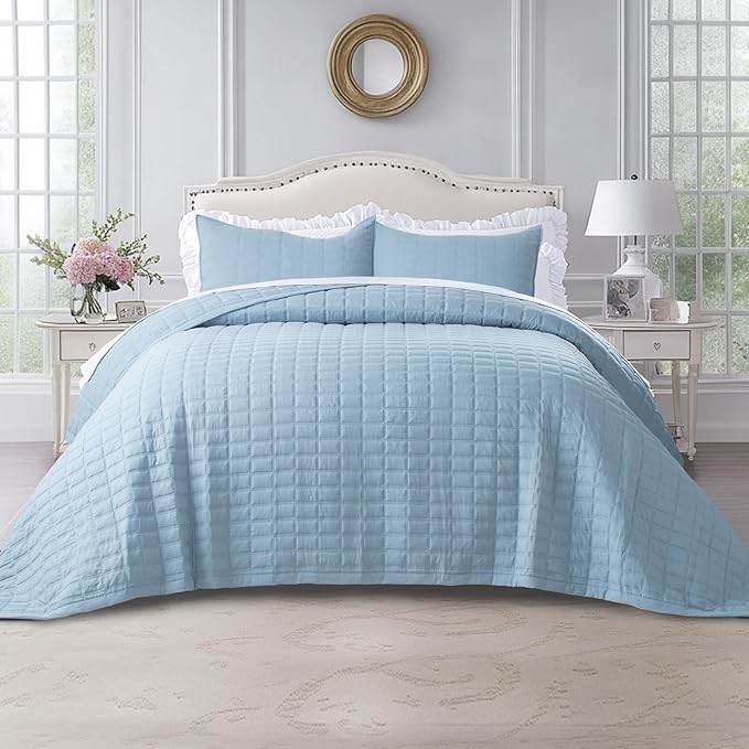 KASENTEX Queen XL Quilt Set 98"x98" – Soft Washed 3-Layer Lightweight Bedspread, Minimalist Nordic Design, All-Season Spring & Summer Quilt Set (1 Quilt + 2 Pillow Shams), Grey Blue