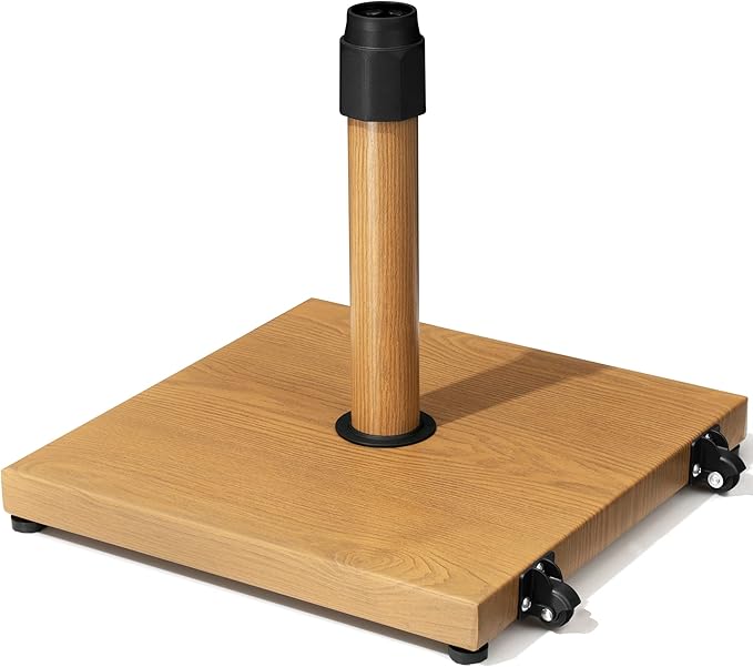 42lbs Patio Umbrella Base with Wheels - Heavy Duty Outdoor Patio Market Umbrella Stand for Deck, Poolside, Balcony, Wind-Resistant Design, Decorative Wood Pattern