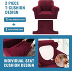 H.VERSAILTEX Sofa Cover 2 Piece T Cushion Armchair Slipcovers Velvet Couch Cover Furniture Protector Stretch T Cushion Sofa Covers for 1 Cushion Couch with 1 Individual T Cushion Covers, Burgundy
