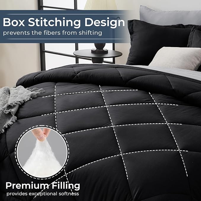 HEVUMYI Full Comforter Set - 7-Piece All Season Bed in a Bag Full, Ultra Soft Bedding Set with Comforter, Flat Sheet, Fitted Sheet, Pillowcases, Pillow Shams, Black & Light Grey