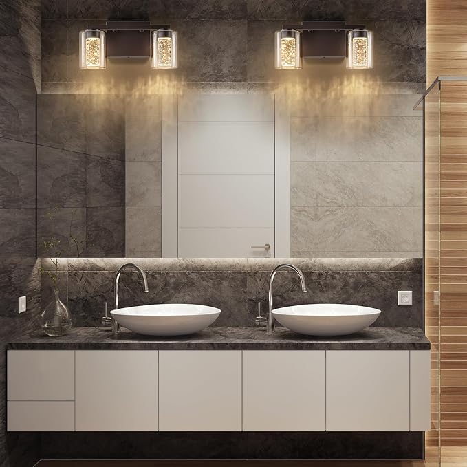 SineRise 2-Light Bronze Vanity Light with 3 Color Modes (3000K/4000K/6000K), Eye Protection LED Bathroom Light Fixture, Dimmable Modern Wall Light Over Mirror with Clear Glass Shade