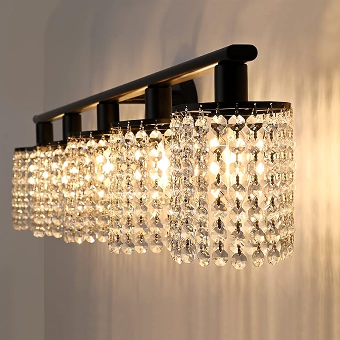 5-Light Bathroom Light Fixtures,Crystal Black Vanity Lights for Bathroom,Modern Bathroom Lights Over Mirror, Black Vanity Light Fixtures