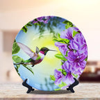 ALALAL Small Bird Hummingbird Pink&Purple Flowers Decorative Plate Decorative Ceramic Plates Home Wobble-Plate with Display Stand Decoration Household Plates Decorative - 10 inch