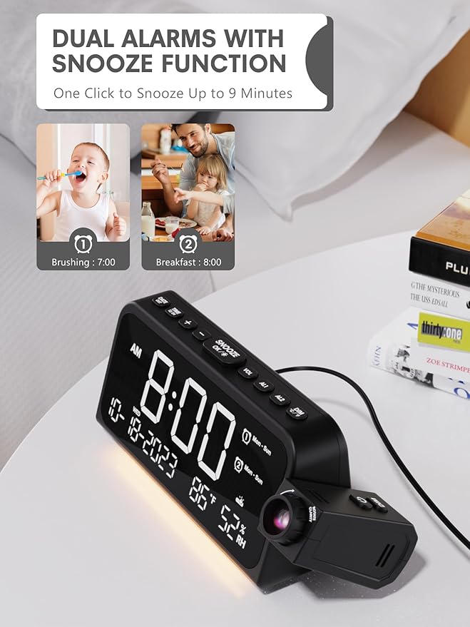 Mesqool Projection Alarm Clock for Bedroom, Digital Clock with Projection on Ceiling with Night Light, Date, Temperature, Humidity, Type-C USB Charger, Snooze, Dual Alarms, Dimmer,12/24H