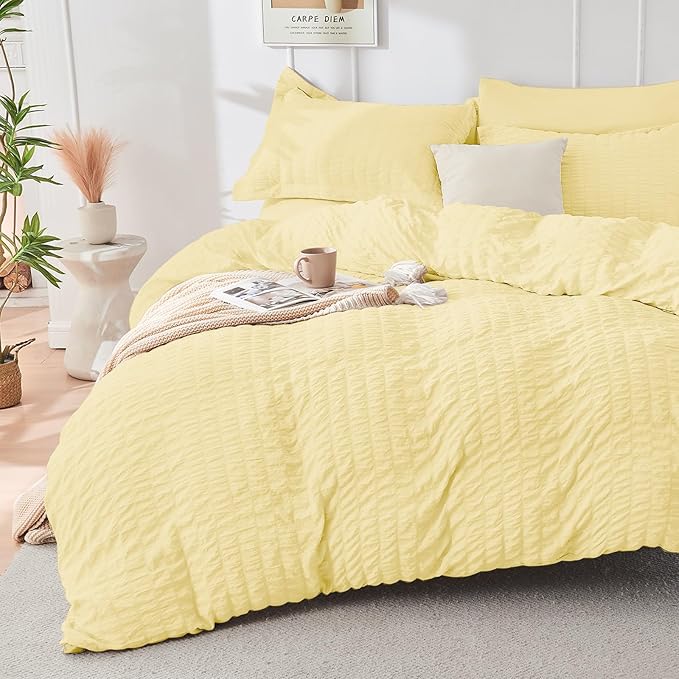 HYMOKEGE Yellow Twin Comforter Set Seersucker 5 Pieces, All Season Luxury Bed in a Bag for Bedroom, Bedding Set with Comforter, Sheets, Pillowcase & Sham