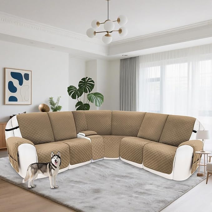 Reclining Sectional Couch Covers 100% Waterproof Velvet L Shape Recliner Couch Covers for Sofa Pets Washable Anti Slip Recliner Slipcovers with Pockets (5 Seat Sofa with 1 Console, Camel)