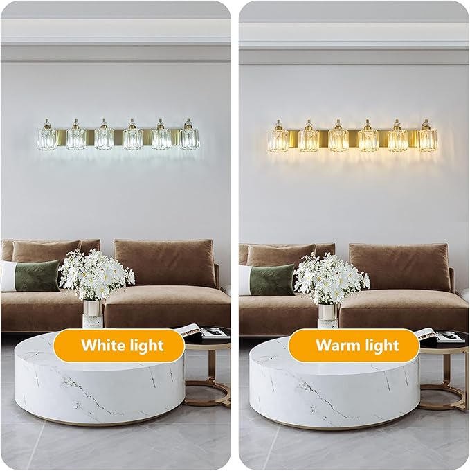 6-Light Modern Vanity Lights Brushed Brass Bathroom Light Fixtures Over Mirror Gold Bathroom Vanity Lighting with Crystal Shade E26 Base Wall Sconce for Bedroom Living Room Restroom Wall Lamp