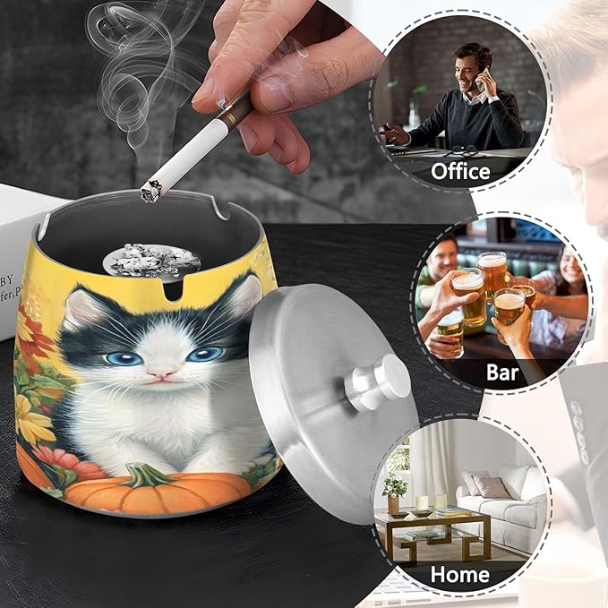 Black White Kitten Flower Ashtray with Lid, Outdoor Ashtrays for Patio, Stainless Steel Ashtray Odorless Smokeless for Home Office Balcony