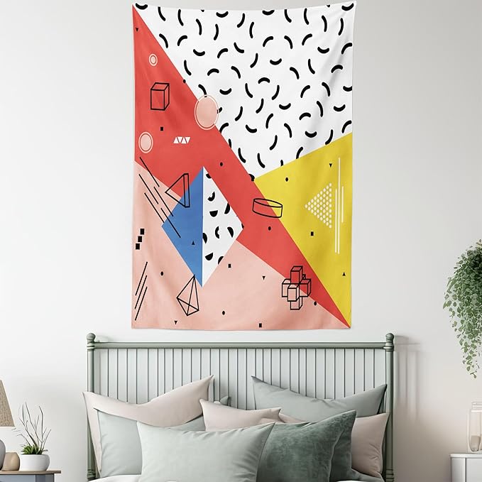 Ambesonne Abstract Tapestry Twin Size, Modern Geometric Trippy Triangles Cubes Circles Rollers Dots Print, Wall Hanging Bedspread Bed Cover Wall Decor, 68" X 88", Coral Pink