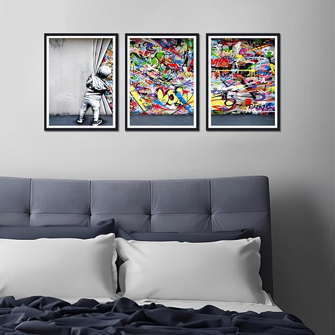 Novatique Graffiti Wall Art Colorful Banksy Wall Art Behind the Curtain Street Art Canvas Print Framed for Living Room Bedroom,12" x 16" x 3Pcs