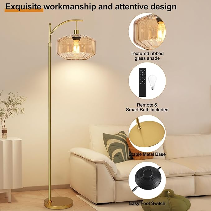 Gold Floor Lamps for Living Room Vintage Floor Lamp with Remote Control,Dimmable Floor Lamp Glass Mid Century Modern Standing Lamp 3 Color Temperature Brass Tall Floor Lamps for Bedroom Corner