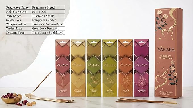 Premium Vahara Masala Incense Sticks – Whispers of Romance (6 Packs) | Handrolled Incense for Romantic Mood, Home Fragrance & Meditation