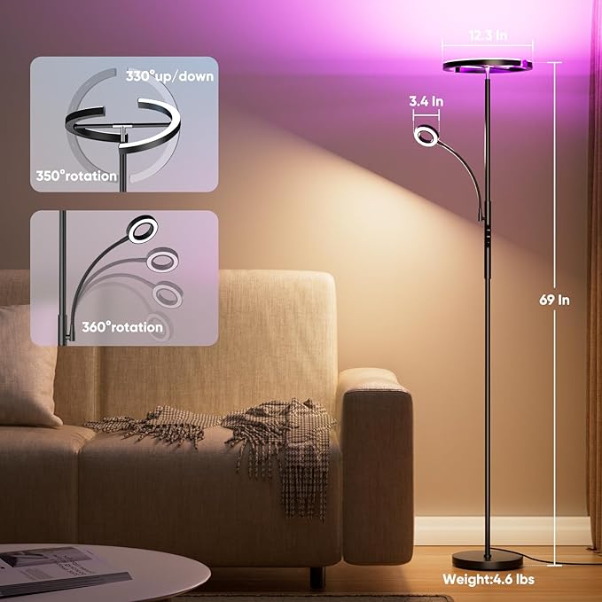 Upgraded 36W RGBCW Floor Lamp with Ring Reading Lamp, Rotatable Remote Control LED Standing Lamp Dimmable Floor Light Modern Standing Light for Living Room Bedroom Home Office, Black