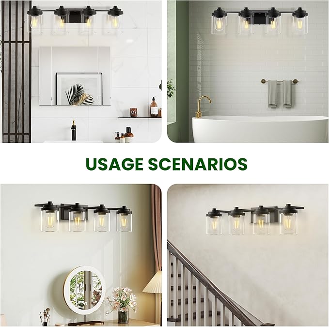 Bathroom Vanity Light Fixture, 4-Light Modern Black Vanity Light Fixtures with Clear Glass Shade, Matte Black Bathroom Light Fixtures Over Mirror, Rustic Restroom Lighting Fixtures
