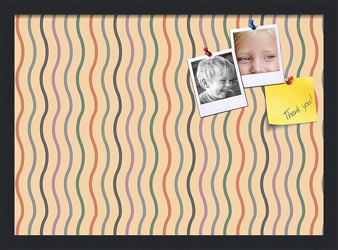 PinPix 21x15 Inch Cork Bulletin Board. This Decorative Framed Pin Board Comes with Multi Color Waves Design and a Satin Black Frame. Ideal for Home Office Decor or Message Board (PinPix-565)