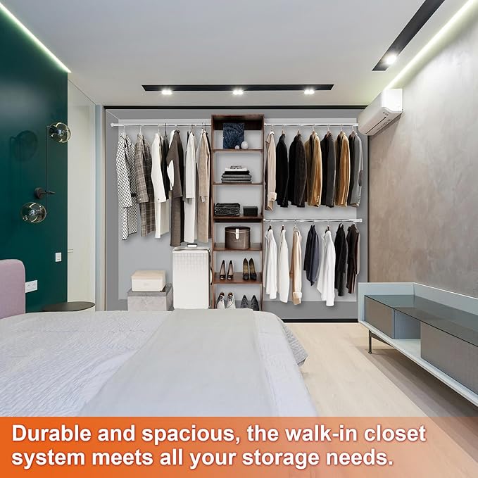 117 inch Large Wall-Mounted Closet Organizer with 5 Storage Shelves and 3 Hanging Rods – Open Wardrobe System (walnut)