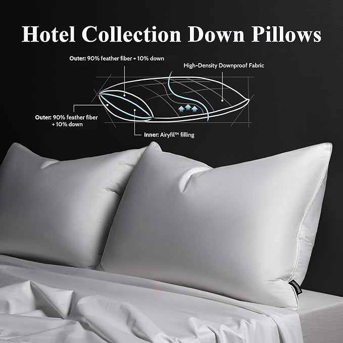 Goose Feather Down Pillow King Size Set of 2, Firm Hotel Collection Bed Pillows for Sleeping, 2 Pack, Down Surrounded Pillows for Side Sleepers 20 x 36 in.
