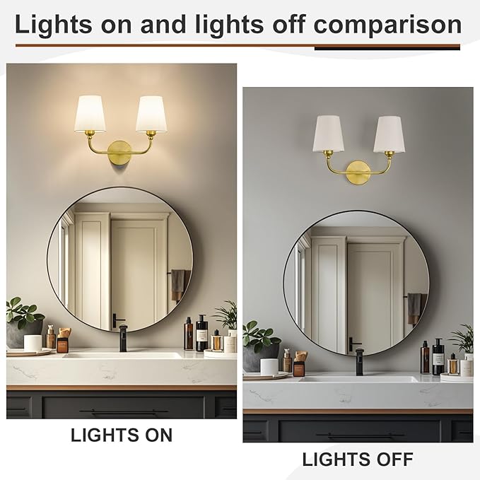 Kvhilw Bathroom Vanity Light, Brushed Gold Bathroom Light Fixtures, 2-Light Lighting Fixtures Over Miror, Modern Wall Sconce with Flared White Fabric Shade, E26 Socket(ETL Listed)