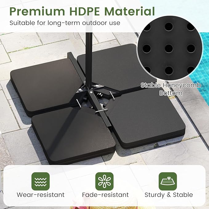 Tangkula 4 Piece 220 Lbs Umbrella Base, Offset Umbrella Weights with 4 Square HDPE Plate & 4 Connection Metal Hooks, Handle, Water & Sand Fillable Cantilever Umbrella Stand for Patio, Garden, Pool