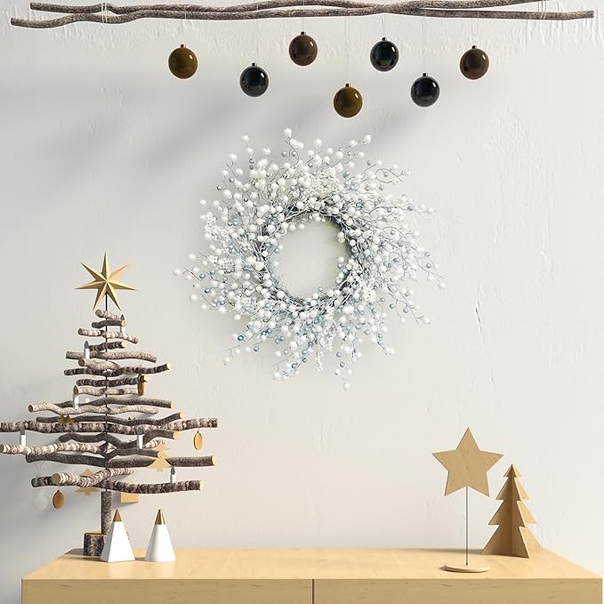 Huashen 24 Inch Spring Front Door Wreath Winter Berry Wreath Metallic Effect Pearl White & Silver Berry Christmas Wreaths for Front Door Wall Window Hanging Christmas Decoration Home Décor