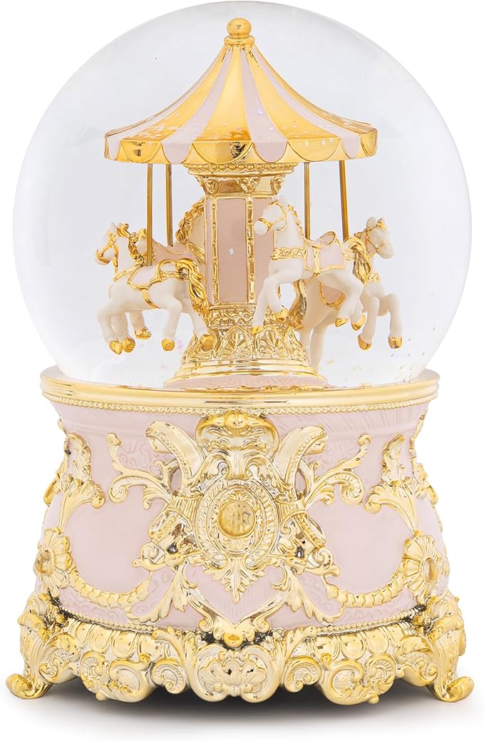 Carousel Horse Music Box Gold Pink Christmas Snow Globes Lantern Whirling Snow Globe Gift for Girls Women Mom Christmas Birthday Day Home Decoration