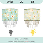 Spring Flower Lamp Shade with Acrylic Bead Droplets, Teal Wild Floral Fabric Light Shade for Pendant Table & Floor Lamps, Nature Decor for Garden Women, 11.8in