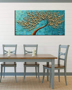 YaSheng Art - Handmade 3D Golden Flowers Artwork Oil Painting On Canvas Texture Palette Knife Flowers Tree Abstract Landscape Paintings Modern Home For Living Room Bedroom Decor Wall Art 20X40 inch