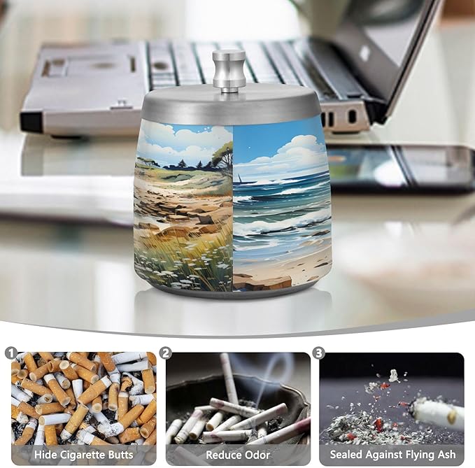 Watercolor Beach Sea Ashtray with Lid, Outdoor Ashtrays for Patio, Stainless Steel Ashtray Odorless Smokeless for Home Office Balcony