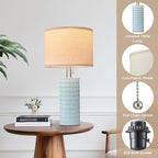 20.5" Modern Ceramic Table Lamps for Bedroom Set of 2, Bedside Lamps for Night Stands with Beige Lampshade, Farmhouse Table Lamp for Living Room Office Dorm, Sky Blue