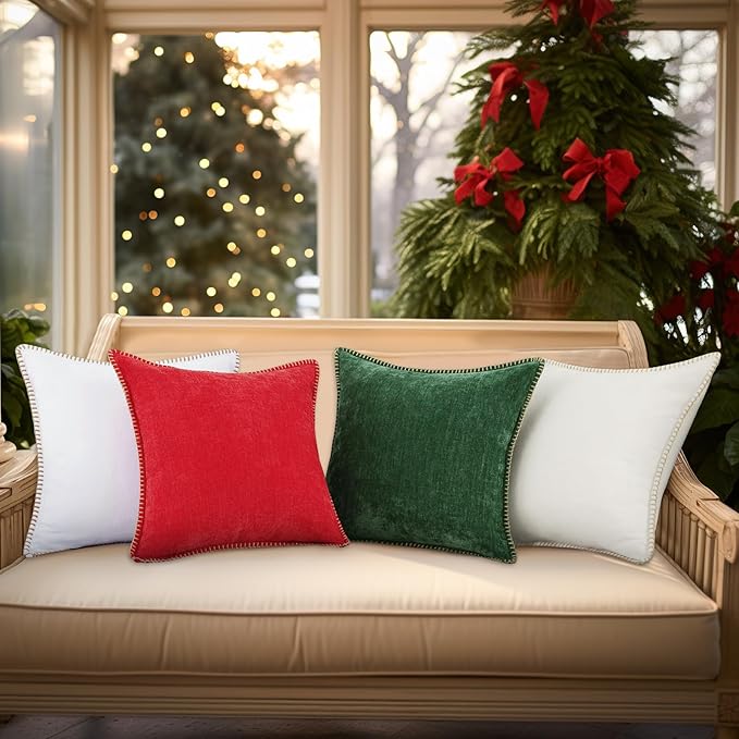 decorUhome Spring Chenille Soft Cozy Throw Pillow Covers 12x20 Set of 2, Modern Farmhouse Boho Velvet Decorative Pillow Cases with Stitched Edge for Couch Sofa Bed Home Decor, Christmas Red