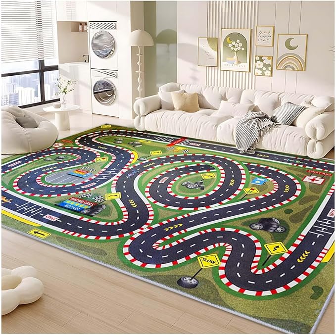 Kids Rug,Children's Room Rug,Road Race Play Rugs, Rail City Living Rugs, Washable Non-Slip Play Mats. (Green, 47x71in)