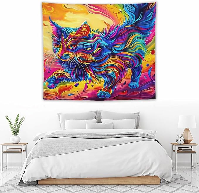 VUMIVI Colorful Cat Tapestry Pet Oil Painting Print Rainbow Colorful Abstract Art Pattern Tapestry Wall Hanging for Living Room Bedroom Dorm Classroom Aesthetic Decor W60xL50in