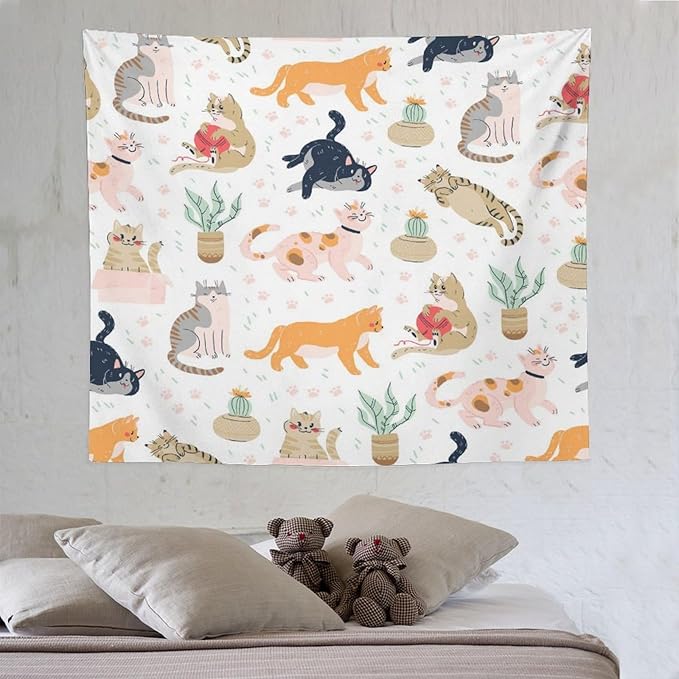 VUMIVI Cute Cat Tapestry Kids Hand-Painted Doodles Colorful Illustrations Potted Plants Paw Prints Tapestry Wall Hanging for Living Room Bedroom Dorm Classroom Aesthetic Decor W60xL50in