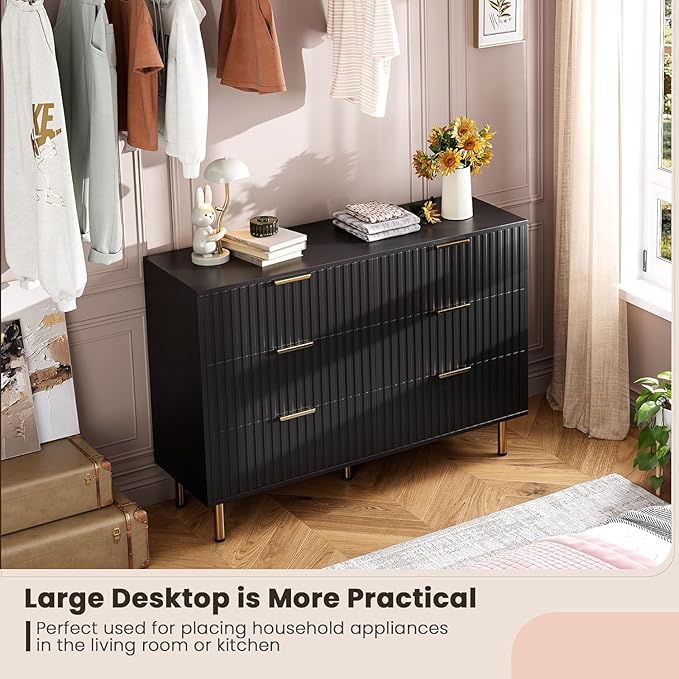 GarveeHome Fluted 6 Drawer Dresser for Bedroom, 47.2 in Wide Modern Chest of Drawers with Deep Drawers, Large Double Dresser TV Stand, Wooden Organizer for Living Room, Hallway, Kids Room, Black