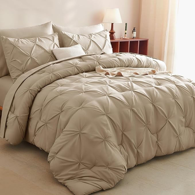 CozyLux Queen Comforter Set Taupe, 7 Pieces Pintuck Bed in A Bag, Premium Taupe Comforter Queen Size, Pinch Pleat Bedding Sets with Comforter, Sheets, Pillowcases & Shams