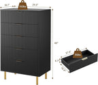 GarveeHome Black Dresser, Modern 5 Drawer Dresser for Bedroom with Gold Handle and Large Drawer, Wood Double Chest of Drawers and Storage Organizer for Living Room, Hallway, Entryway