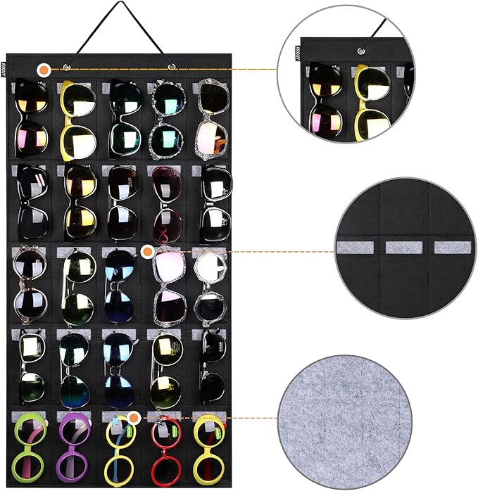 AROUY Sunglasses Organizer Storage, Hanging Wall Pocket Glasses Organizer - 25 Felt Slots Sunglass Organizer Holder Eyeglass Display with Sturdy Rope (Black, Large)