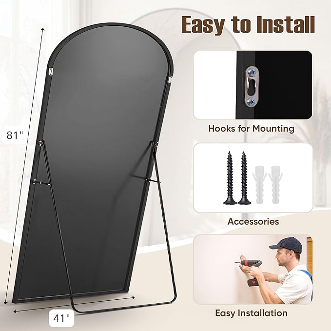 Full Length Mirror, 81"x41" Arched Full Body Mirror, Oversized Floor Mirrors, Leaning Free Standing Mirrors, Hanging Mounted Large Mirrors for Bedroom Dressing Room, Cloakroom, Black